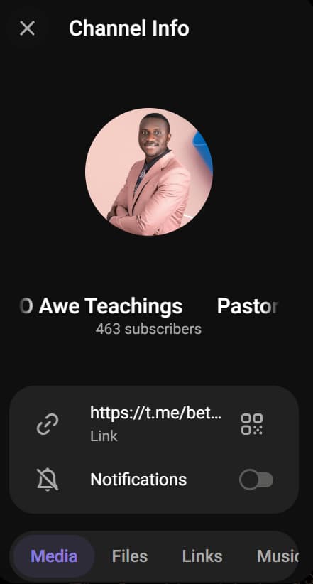The Telegram channel info panel for Pastor Ayodele O Awe Teachings