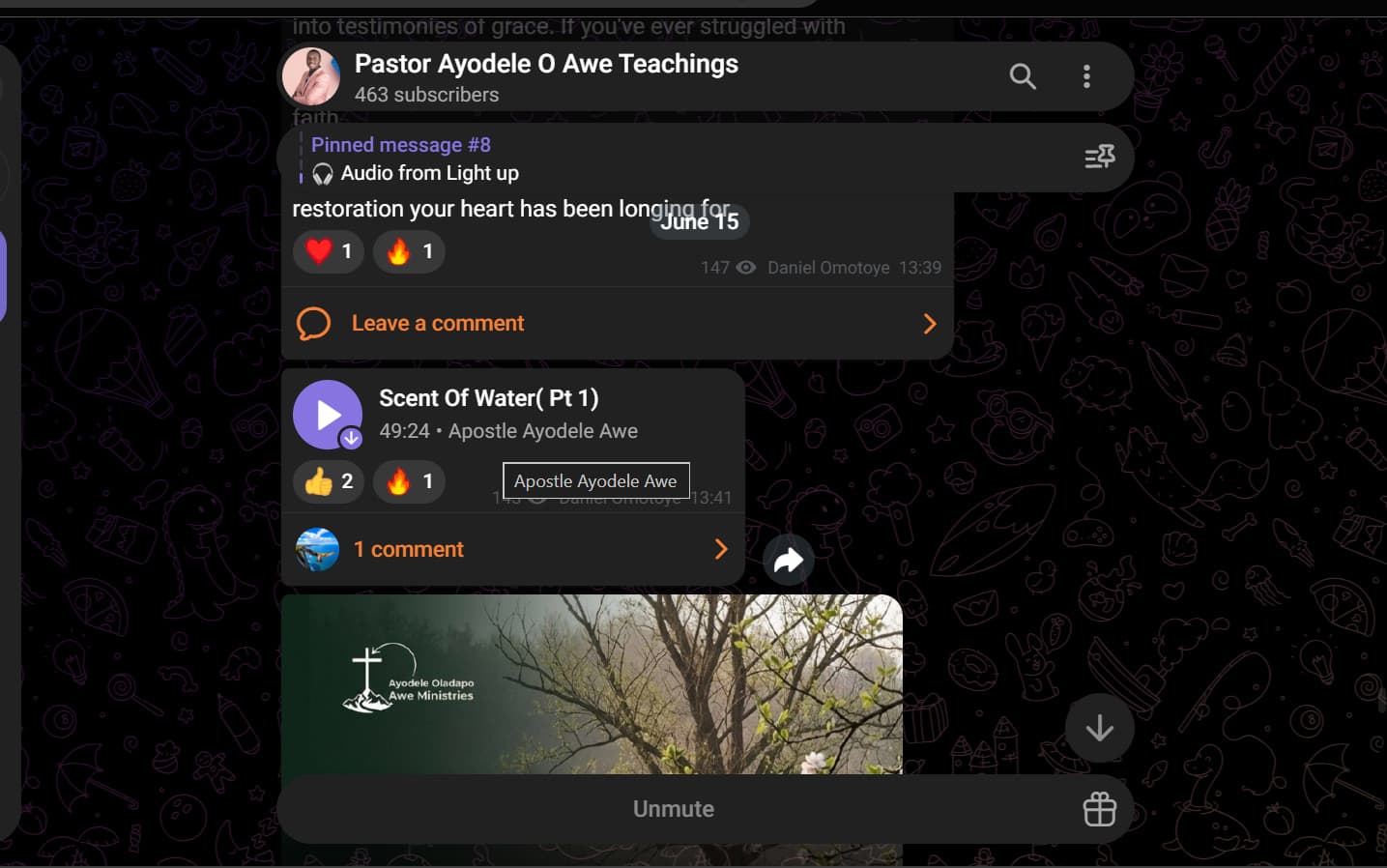 The Pastor Ayodele O Awe Teachings channel on Telegram, showing recent audio messages